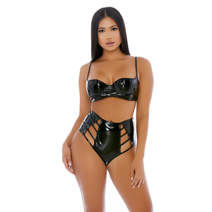 Vinyl Lingerie Set met Strappy Details - Zwart (M)