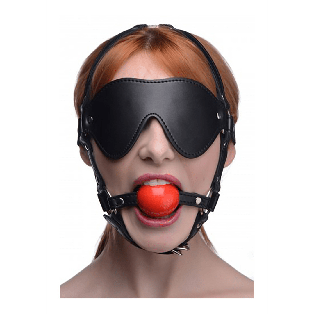 Blinddoek Harnas Met Bal Gag - Zwart/Rood - Pleasureplay GezichtsmaskerXR Brands