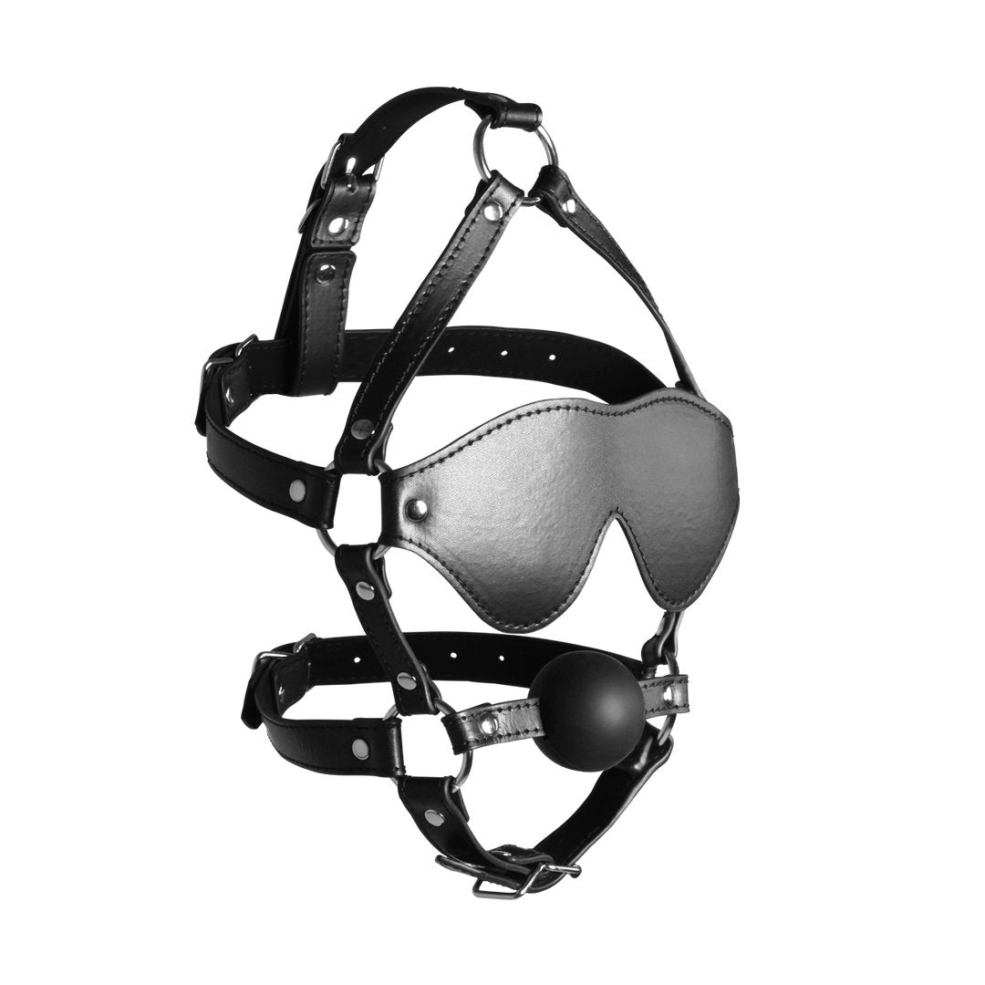 Blindfolded Head Harness with Solid Ball Gag - Black - EroticToyzProducten,Toys,Fetish,Gags,Maskers,Gezichtsmasker,,Ouch! by Shots