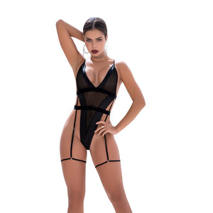 Bodysuit met Gestreepte Mesh en Faux Lederen Accenten - Zwart S/M - EroticToyzBodysuits TeddiesMapalé