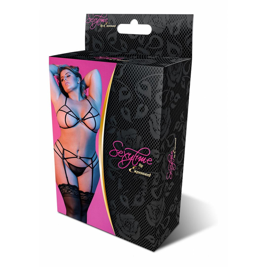 Bra, Garter and G - String Set with Rings and Straps - 2XL - Black - EroticToyzProducten,Lingerie,Lingerie voor Haar,3 - Delige Set,Queen size,,VrouwelijkMagic Silk