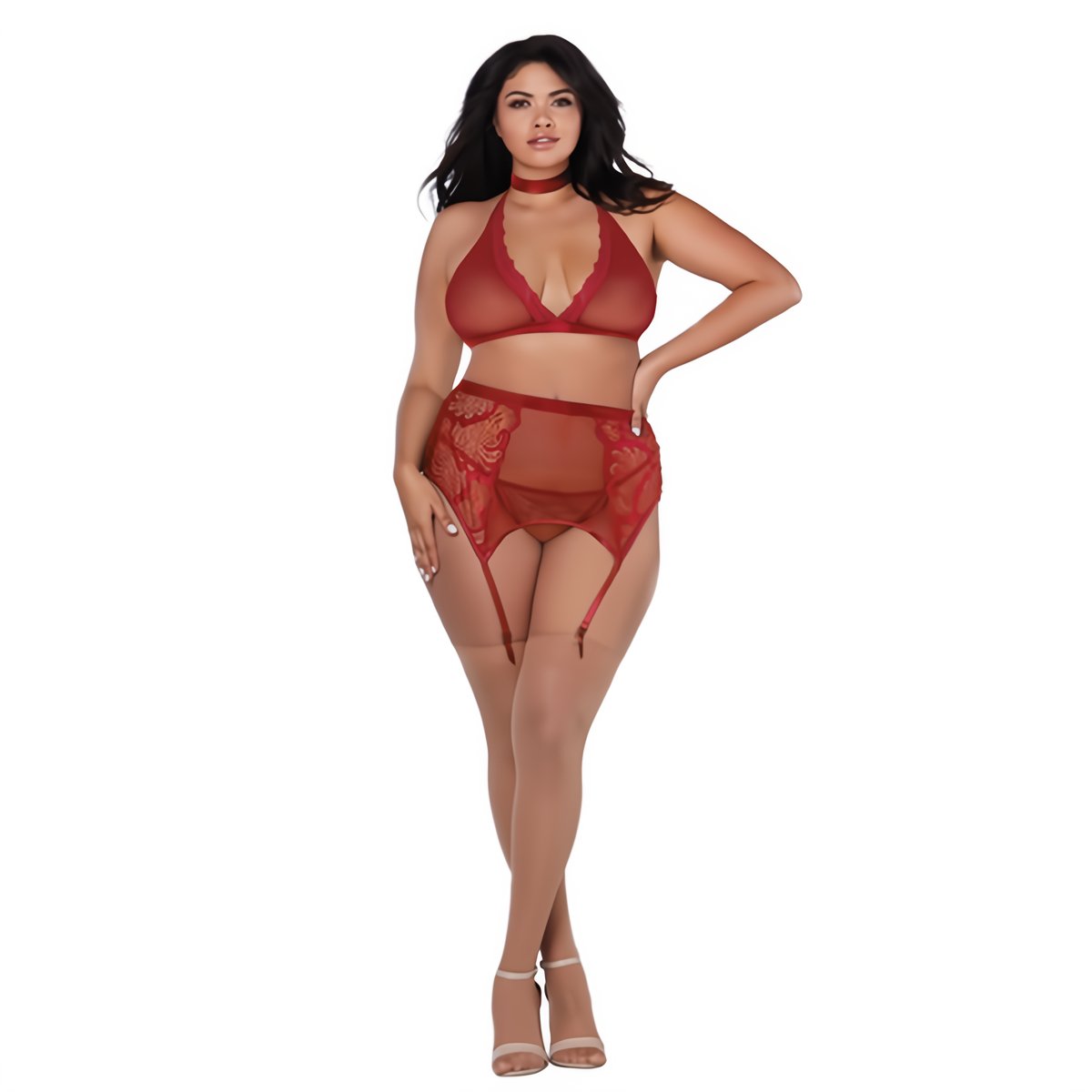 Fishnet and Lace 4 Piece Set - Plus Size - EroticToyzProducten,Lingerie,Lingerie voor Haar,3 - Delige Set,Queen size,Outlet,,VrouwelijkDreamgirl