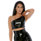 Here's My Side Vinyl One - Shoulder Crop Top Zwart - S - EroticToyzTopjesForplay