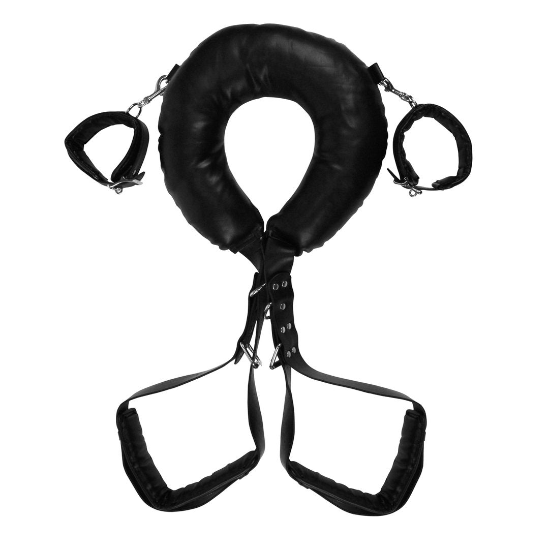 Opgevulde Dijbeen Sling met Handboeien - Zwart - EroticToyzProducten,Toys,Fetish,Boeien,Handboeien,Dijbeenboeien,,Ouch! by Shots