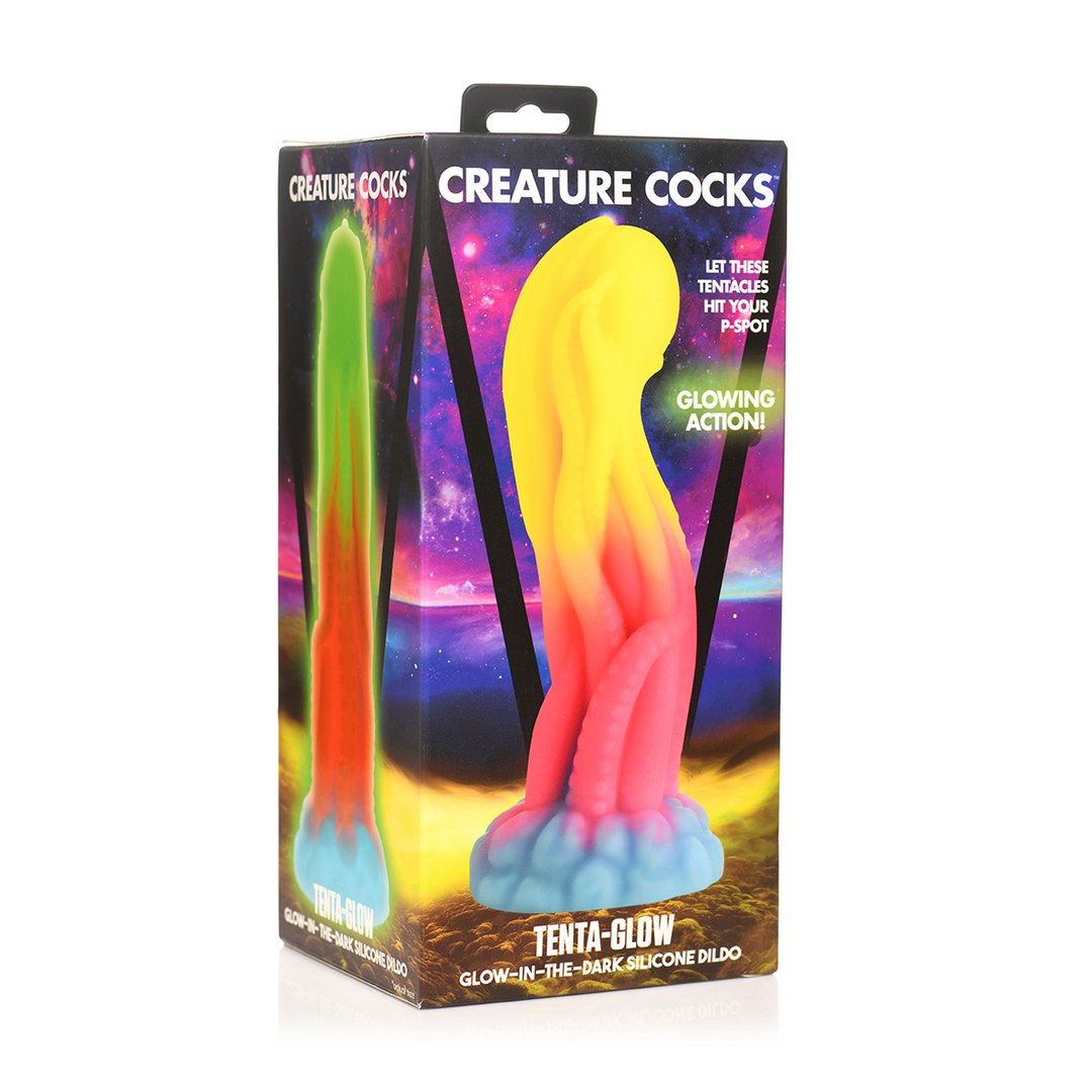 Tenta Glow Fantasy Dildo 21,6 cm - Glow - in - the - Dark Silicone - Blauw/Roze/Geel - EroticToyzNiet - Fallische Dildo'sXR Brands