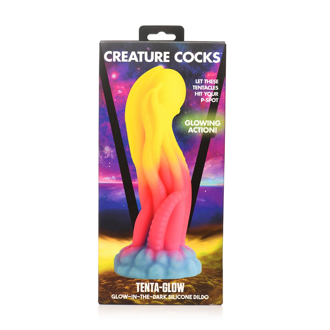 Tenta Glow Fantasy Dildo 21,6 cm - Glow - in - the - Dark Silicone - Blauw/Roze/Geel - EroticToyzNiet - Fallische Dildo'sXR Brands