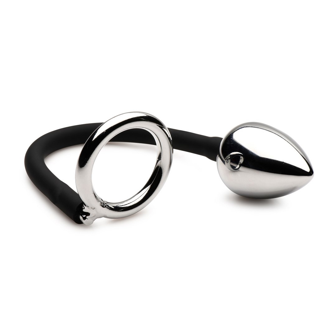 'Tug and Plug Cockring met Anale Plug - Metaal/Zwart' - EroticToyzBall StrapsXR Brands